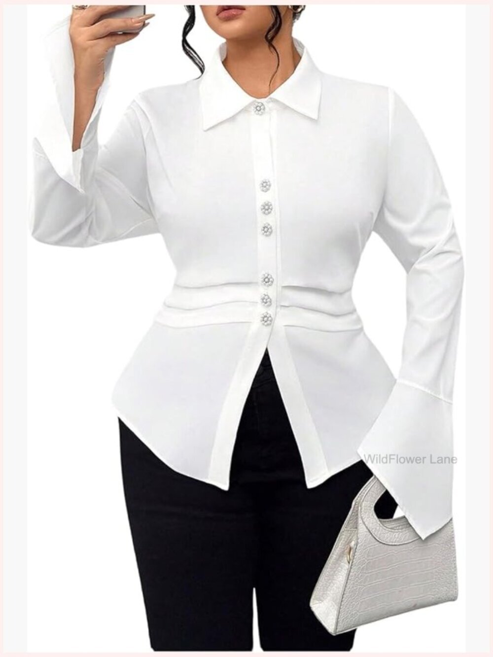 Plus Size Flare Long Sleeve Collar Pleated Fitted Button Up Blouses Work Shirt